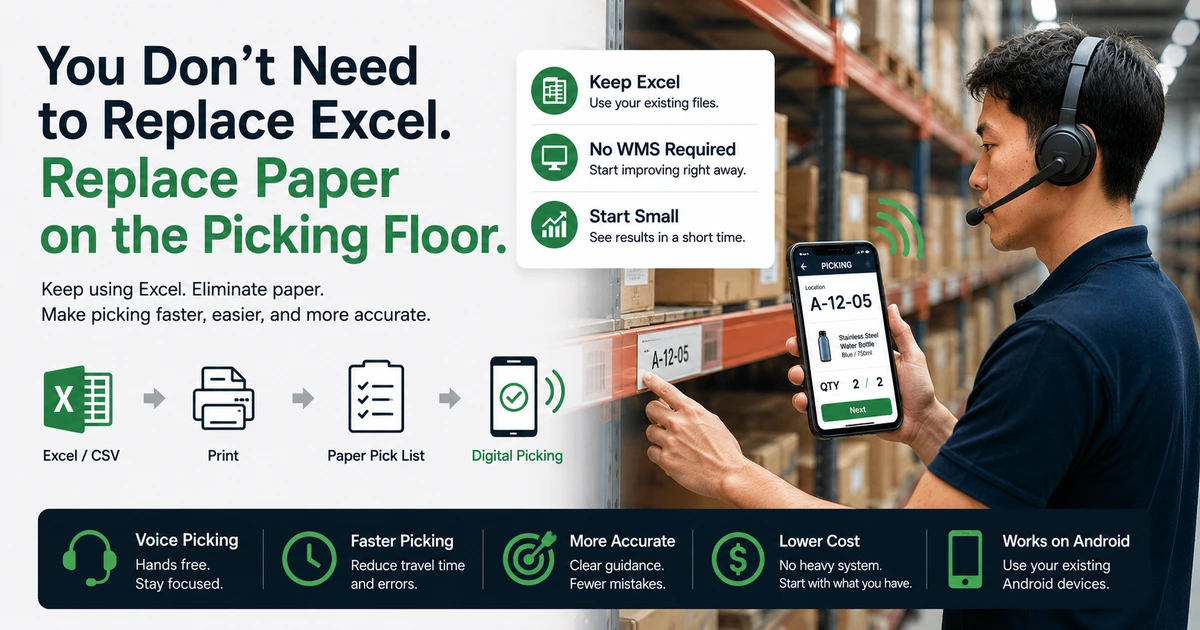 Excel and CSV order data replacing paper pick lists with voice-guided digital picking