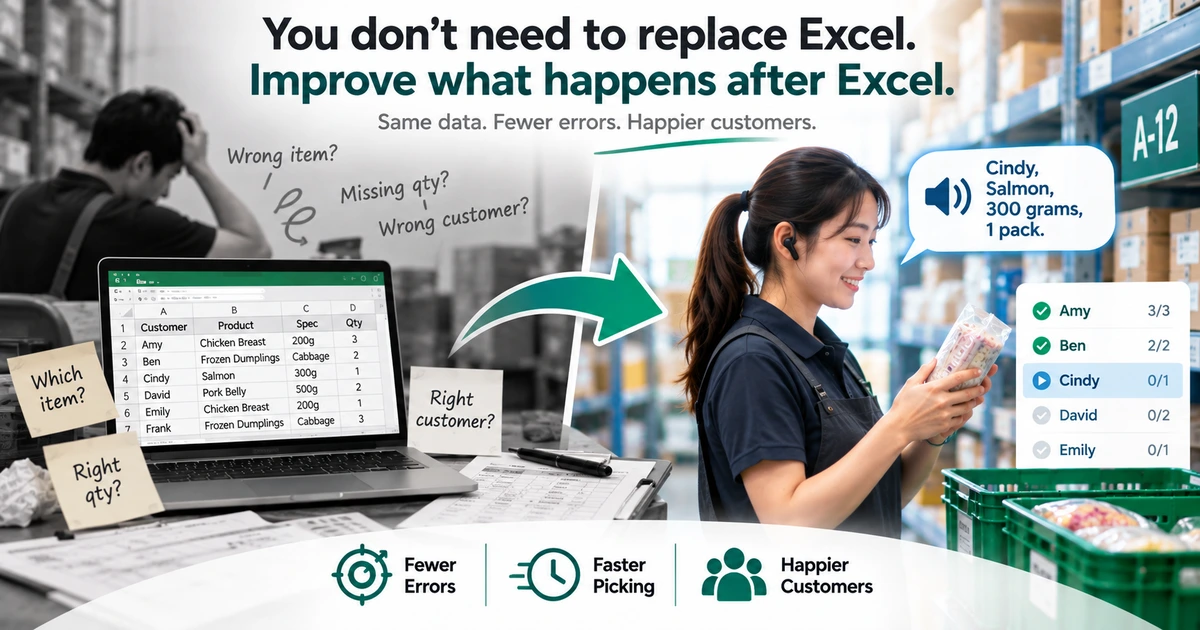 左側是貼滿「拿錯商品？數量對嗎？」便條的 Excel 訂單表，右側是戴著耳機依語音揀貨、並逐客戶顯示進度的現場人員